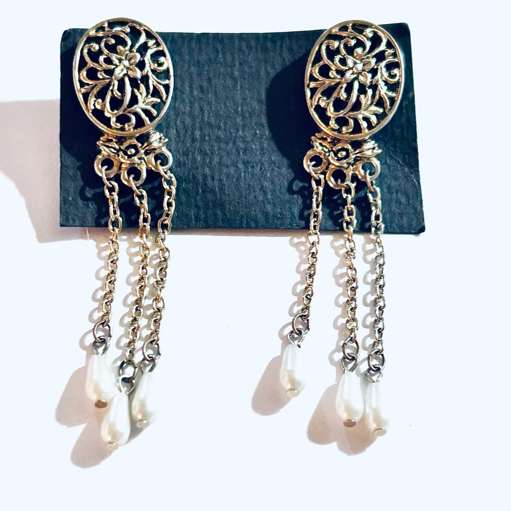 Gold Filigree Drop Earrings with Pearl Teardrops